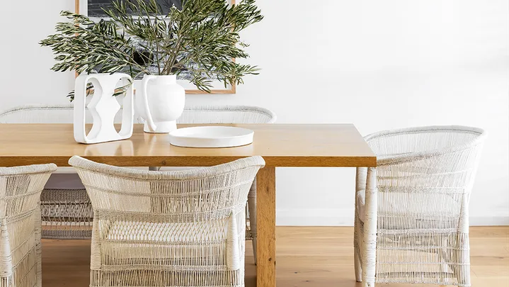 coastal style white dining room wicker chairs