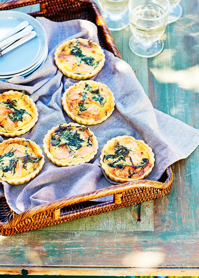 Hot-smoked salmon and kale tarts