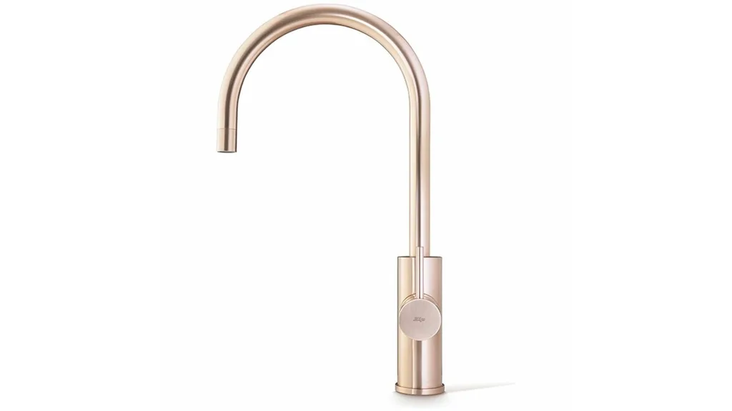 Gooseneck style kitchen mixer tap from Winning Appliances in a rose gold finish.