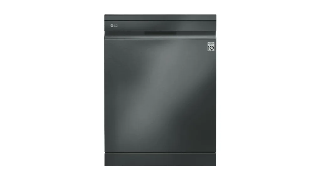 The LG 60cm QuadWash Freestanding Dishwasher with Auto Door Opening in Matte Black.