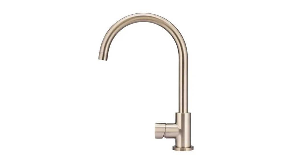 Gooseneck style kitchen mixer tap from Meir with a pinless handle in a champagne finish.