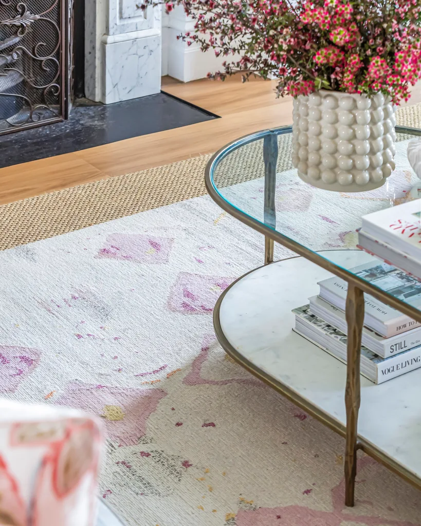 South Melbourne Victorian terrace rug and glass coffee table.