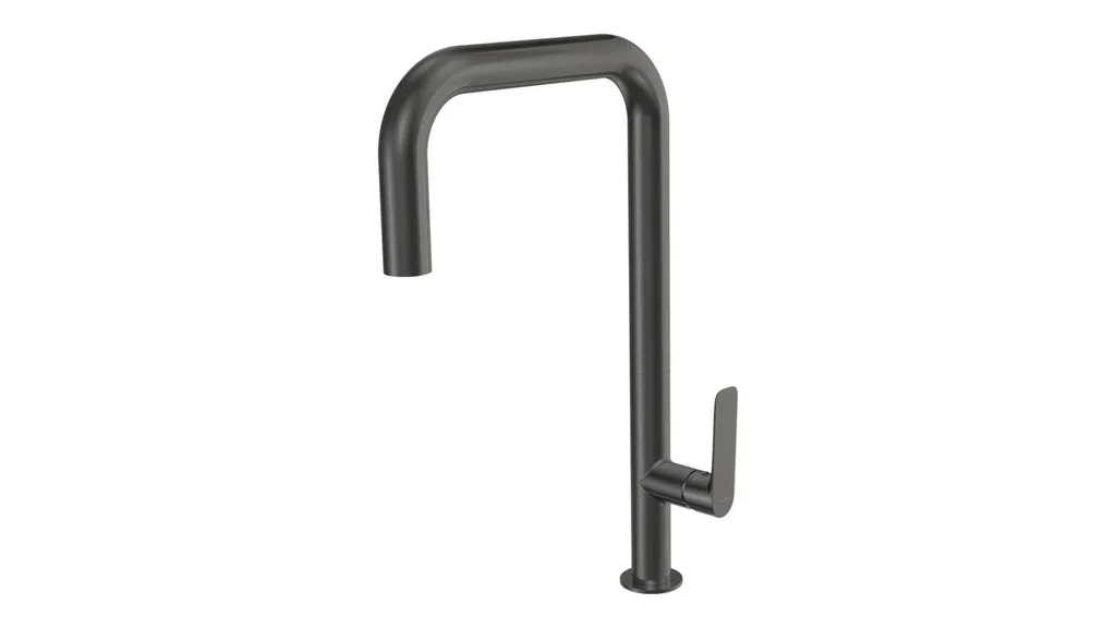 Square spout kitchen mixer in Fucile PVD, a dark finish.